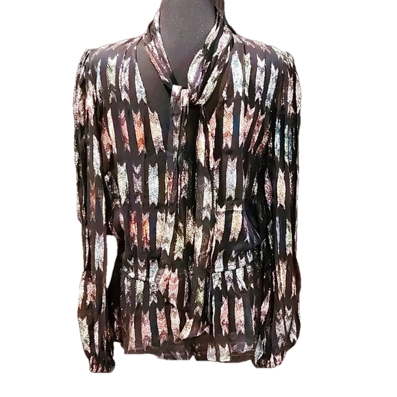 Topshop Tops - Topshop Womens Black Shimmer Multi Colored Sheer Tie Neck Blouse Size 10